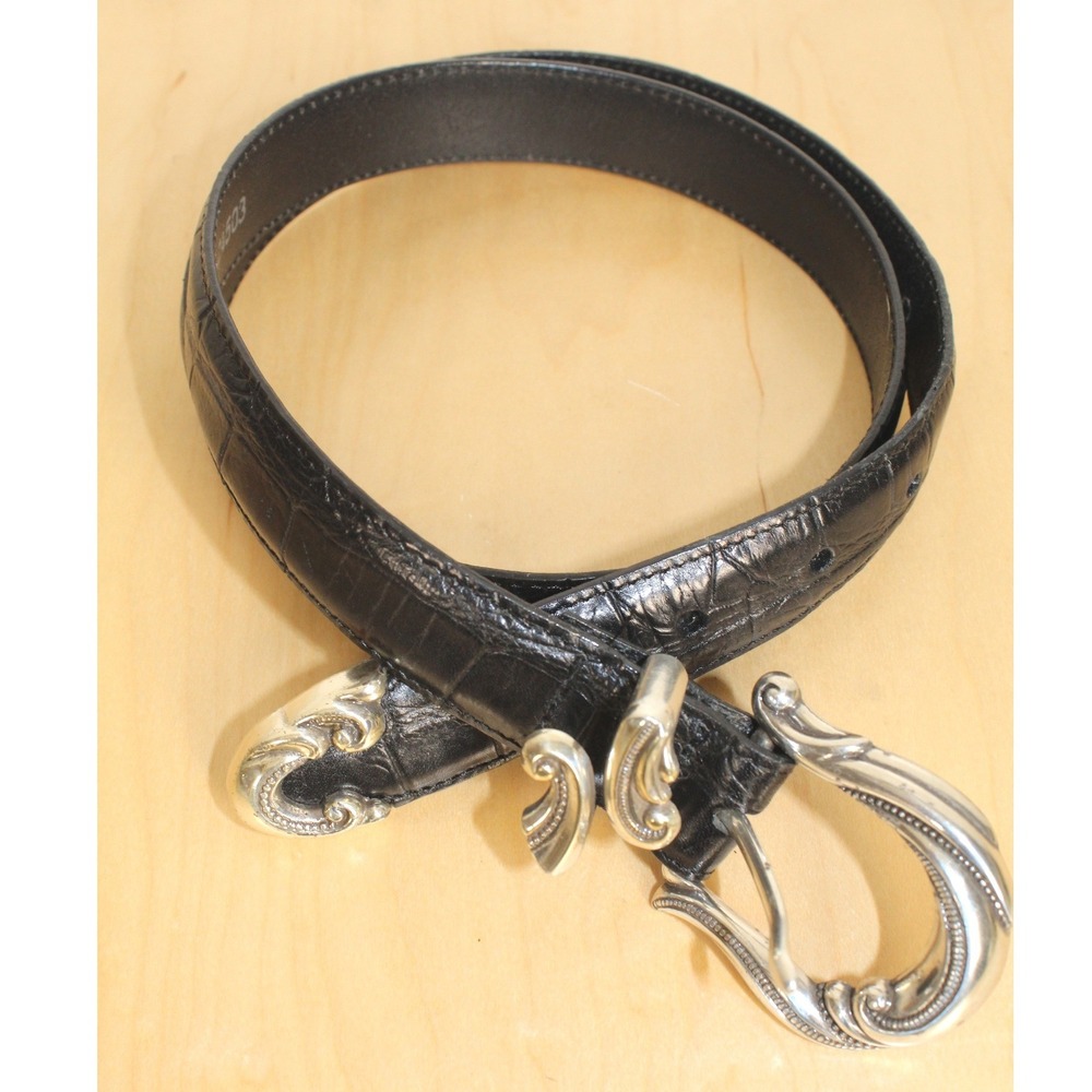 Brighton Belt Black Croc-Embossed Leather 24503 Silver Tone Buckle Womens SZ LG - Picture 2 of 5